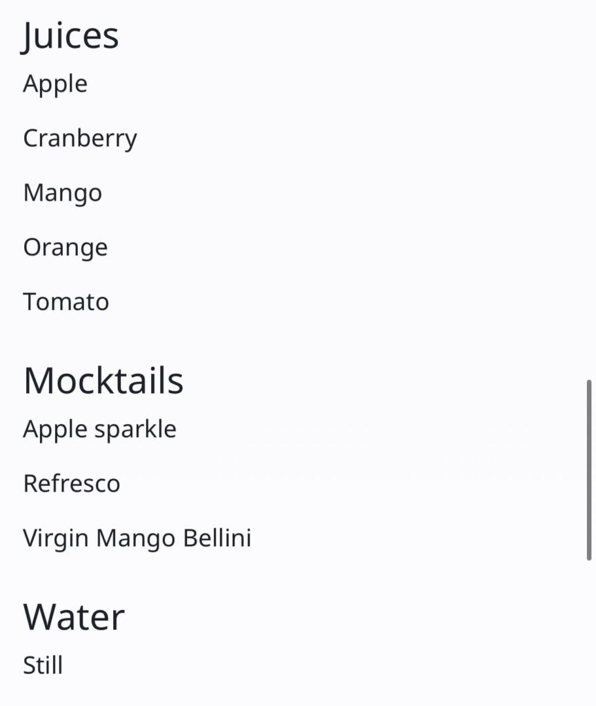 カタール航空ドリンクメニュー（ジュース・モクテル・水）
