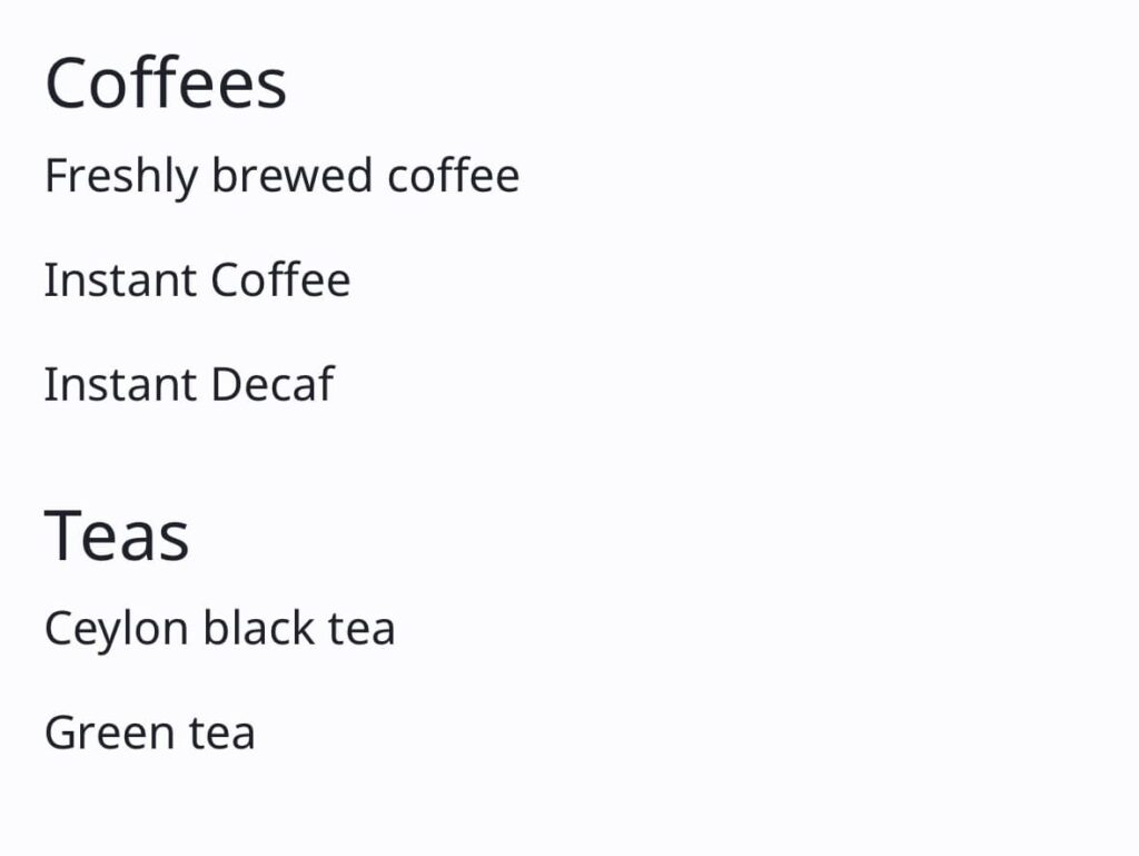 カタール航空ドリンクメニュー（コーヒー・ティー）